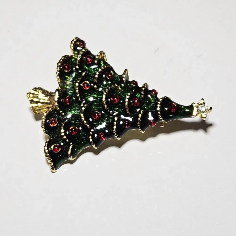 Christmas Tree Green Enamel Gold Tone Vintage Brooch Pin